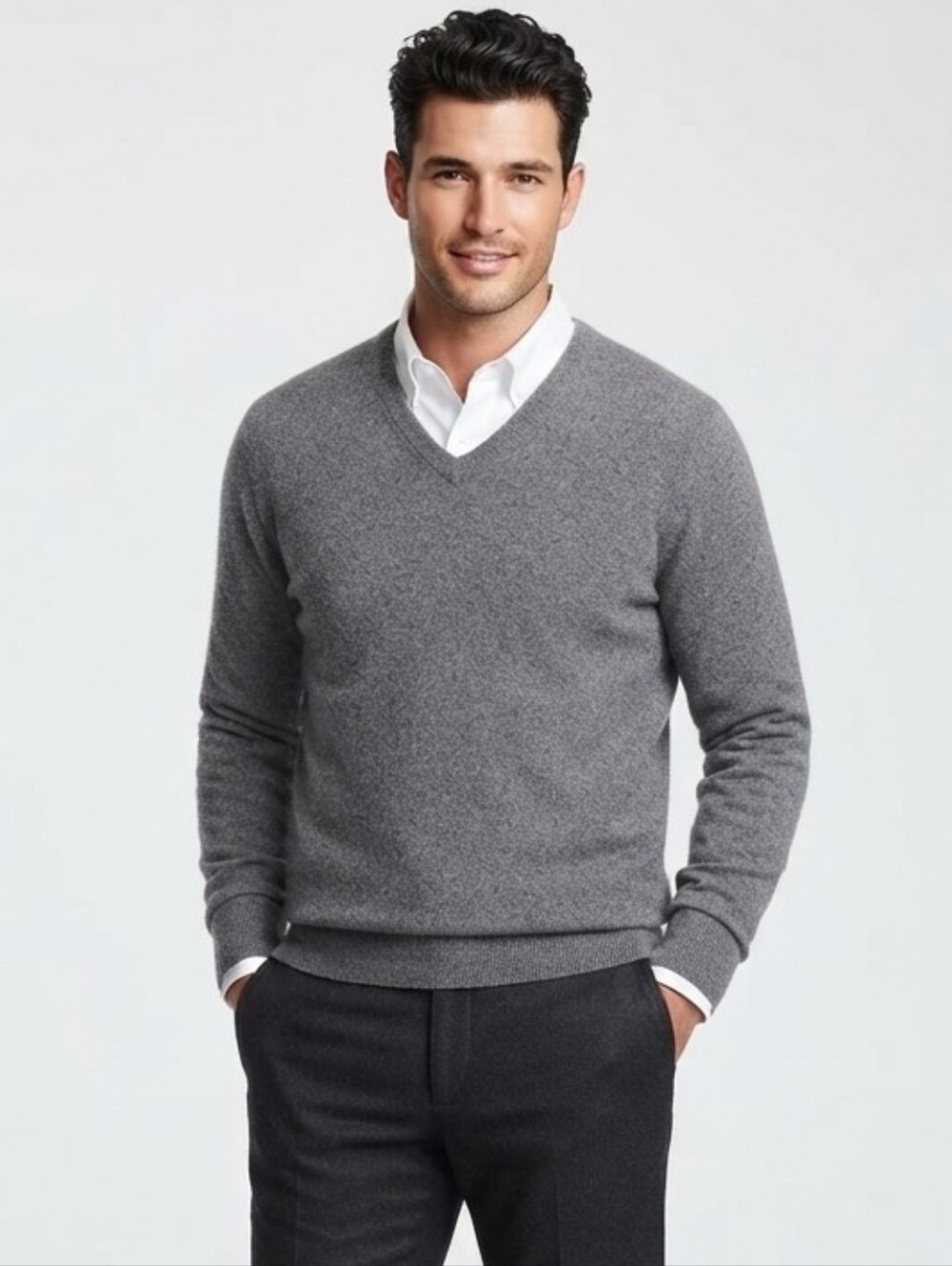 Geoffrey Beene Gray 100% Cashmere V-Neck Sweater Size Large